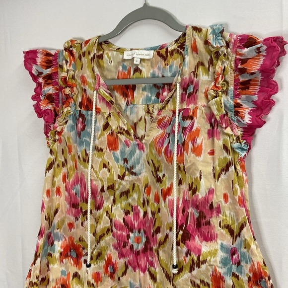 House of Harlow 1960 Flutter Sleeve Tie Neck Top Pink Multi Print Size Small - Picture 3 of 7